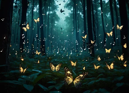 A raw photo of a group of  musical notes standing in a forest with butterflies flying around them, all surrounded by fireflies, fireflies, (a horror story illustration), (dark fantasy art), scary, frightening, realistic, ethereal lighting, HD, highly detailed, bokeh, macro photography, artistic expression, immersive experience, expert technique, best quality