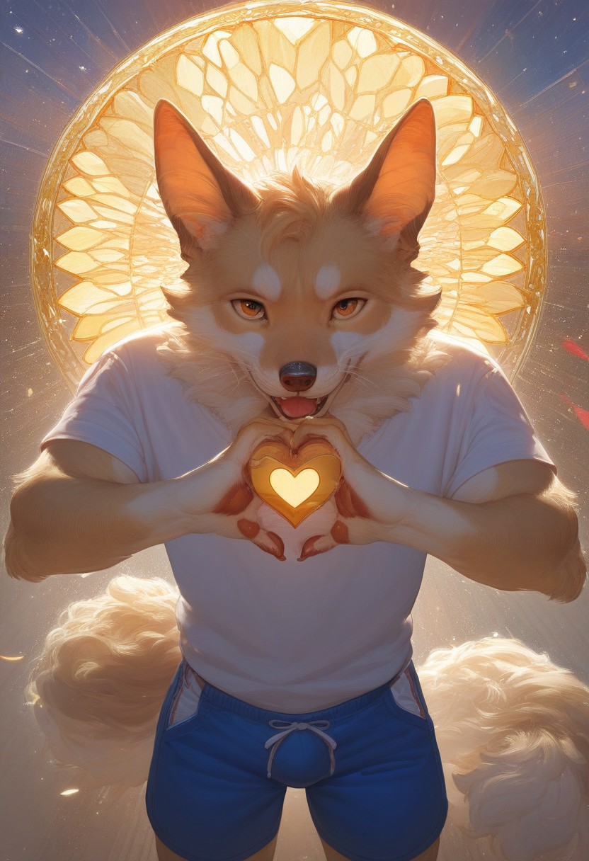 score_9, score_8_up, score_7_up,score_6_up, source_furry, Furry Mix PDXL, furry male, highly detailed, hyperrealistic, extremely fluffy, ,, dynamic pose, beautiful vibrant colors, intricate details, cinematic lighting, photorealistic, 8k, masterpiece  , high quality,F.M PDXL, (((1boy))), thigh up view, shirt, shorts, heart sign with hands
 (((by <pochemu>))), Expressiveh, rainbow background