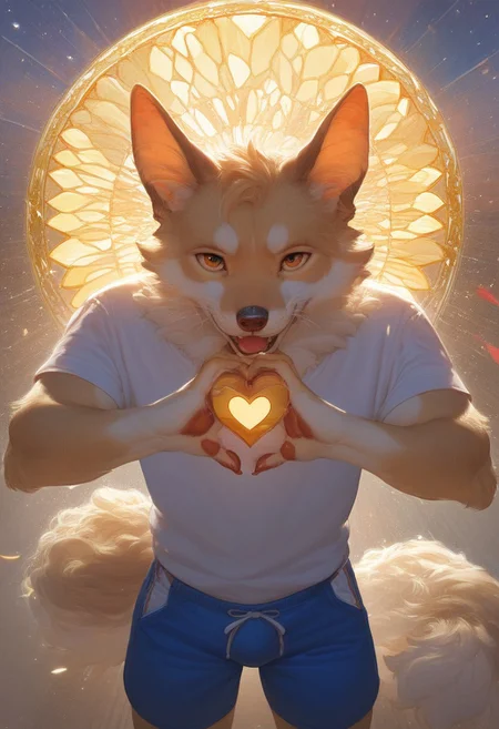 score_9, score_8_up, score_7_up,score_6_up, source_furry, Furry Mix PDXL, furry male, highly detailed, hyperrealistic, extremely fluffy, ,, dynamic pose, beautiful vibrant colors, intricate details, cinematic lighting, photorealistic, 8k, masterpiece  , high quality,F.M PDXL, (((1boy))), thigh up view, shirt, shorts, heart sign with hands
 (((by <pochemu>))), Expressiveh, rainbow background