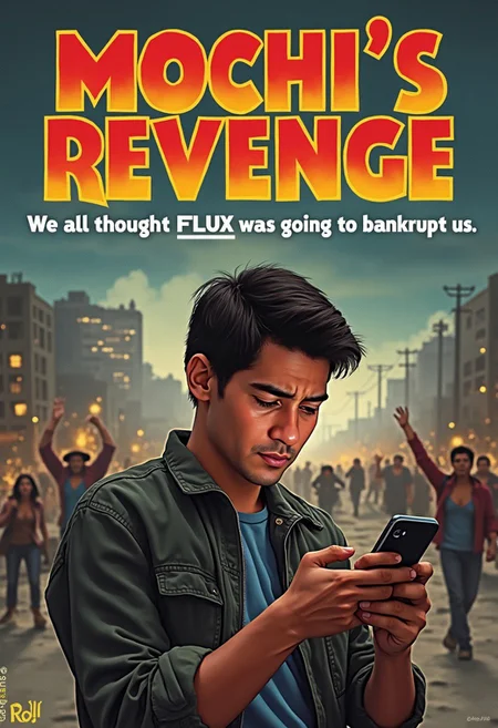 A movie poster from the 80`s, a man cries looking at his cellphone. The poster has the text "Mochi`s Revenge" in bold red and yellow letters on the top of the poster. Text below that reads "We all thought FLUX was going to bankrupt us", the background is a post apocalyptic street scene, with people crying and holding their arms up in the air
