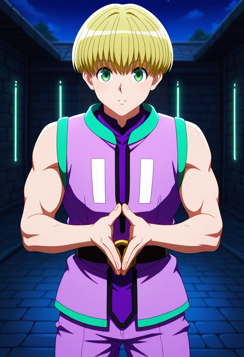 masterpiece, best quality, , (realistic:0.6), looking at viewer, 1boy, solo, male focus, <lora:shalnark_ryuseih_ilxl:0.94>, shalnark_ryuseih, blonde hair, green eyes, short hair, bangs, sleeveless, purple shirt, purple pants, neon temple, light shrines, holo-altars, data paths, worship pose, reverent expression, night, windcheater,