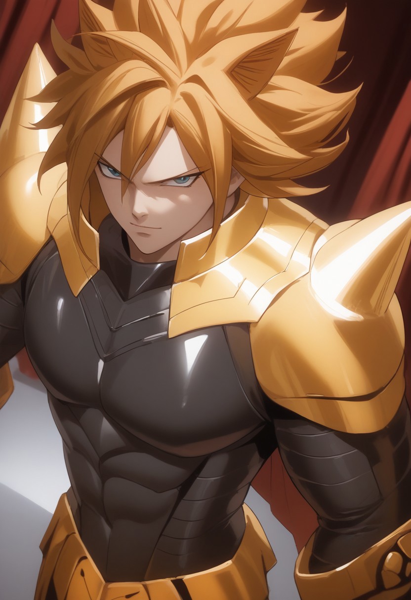 score_9, score_8_up, score_7_up, source_anime, rating_safe, LeoFT, orange Leo hair, 1boy, male focus, super saiyan, gundam suit, glove, pants, serious, indoor theatre stage, red curtains, hands with five fingers, cropped legs, dutch angle, realistic lighting, Expressiveh