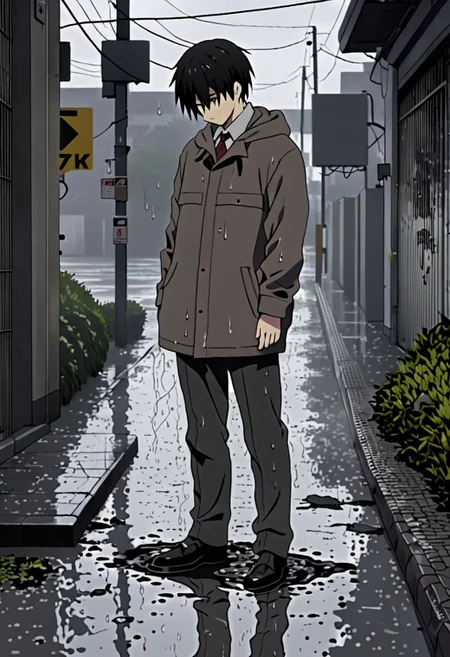 Highres, Masterpiece, High Quality, 4K, 8K, solo, 1Boy, Takaki Toono, adult, black hair, short hair, footpath, urban, wet, slippery, puddle, heavy rain, overcast, dark, drenched, weak, beaten, looking down, sad, helpless, carelessm heartless, wet hair, withered plants, easynegative, detailed_eye_model