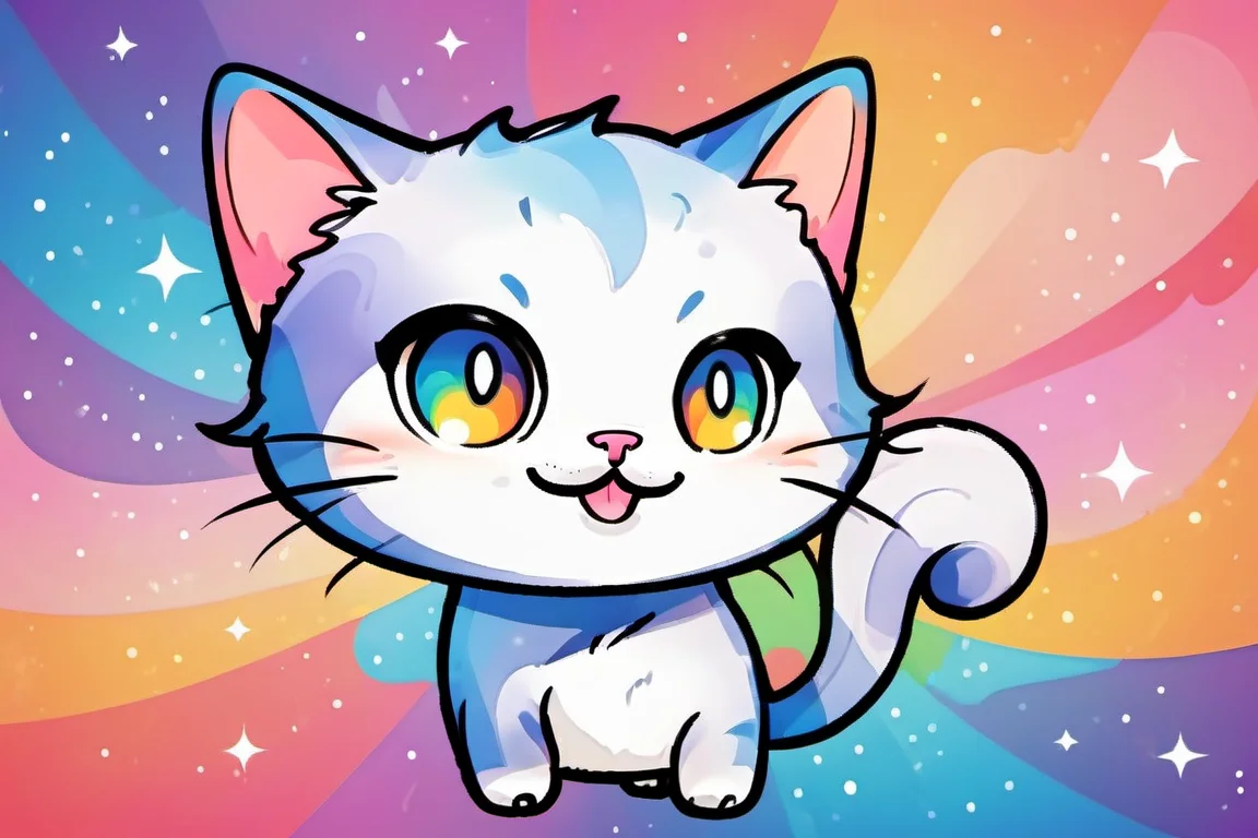 chibi style smiling cat with colorful background, <lora:chibi-XL0.2:1>