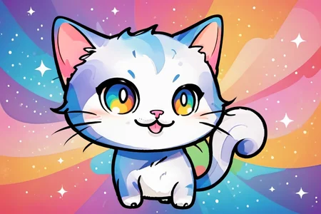 chibi style smiling cat with colorful background, <lora:chibi-XL0.2:1>