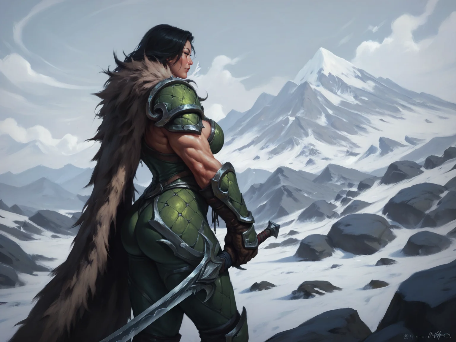 adult woman, mature, black hair, standing on the mountain, muscular female, green armor, gloves, pauldrons, holding sword, fur cape, ass, snow, mountains, side view, solo, <lora:WorldOfWarcraftXL:0.8>, BREAK score_9, score_8_up, score_7_up, score_6_up, score_5_up, score_4_up