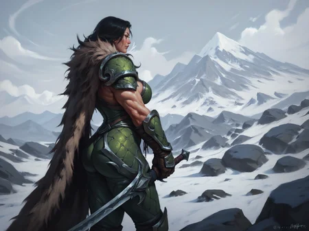 adult woman, mature, black hair, standing on the mountain, muscular female, green armor, gloves, pauldrons, holding sword, fur cape, ass, snow, mountains, side view, solo, <lora:WorldOfWarcraftXL:0.8>, BREAK score_9, score_8_up, score_7_up, score_6_up, score_5_up, score_4_up