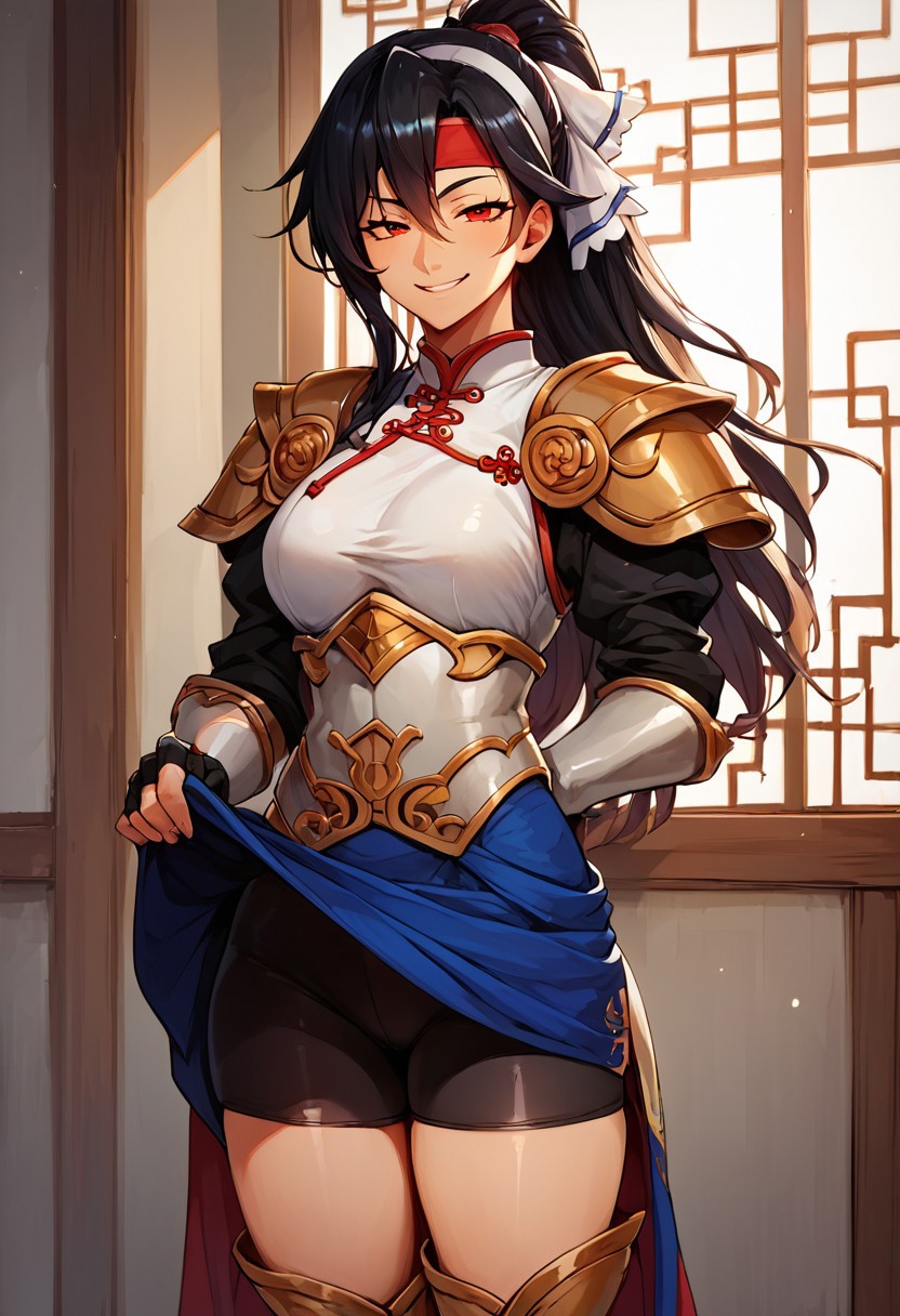 score_9, score_8_up, score_7_up, score_6_up, score_5_up, score_4_up, detailed, intricate details, source_anime, , (best quality) , (highly detailed) ,((masterpiece)), ((best quality)), (ultra-detailed), ((extremely detailed)), (high resolution), 4K, (8K), best quality, (beautiful), (dynamic lighting), (super detailed skin), sharp focus, (1_girl, solo focus), score_9,score_8_up,score_7_up,anime coloring BREAK source_anime,anime, theresia (hortensia saga),  long hair, hair between eyes, black hair, red eyes, sidelocks,  , ponytail, hair ribbon,  headband, chinese clothes, black shirt, armor, blue skirt, armored boots, fingerless gloves, skirt lift. lifted by self, bike shorts, evil smile, teasing, half-closed eyes, smug, mesugaki, indoors, palace 
 detailed eyes、detailed face and detailed skin <lora:add-detail-xl:1.0>