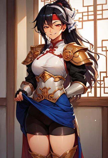 score_9, score_8_up, score_7_up, score_6_up, score_5_up, score_4_up, detailed, intricate details, source_anime, , (best quality) , (highly detailed) ,((masterpiece)), ((best quality)), (ultra-detailed), ((extremely detailed)), (high resolution), 4K, (8K), best quality, (beautiful), (dynamic lighting), (super detailed skin), sharp focus, (1_girl, solo focus), score_9,score_8_up,score_7_up,anime coloring BREAK source_anime,anime, theresia (hortensia saga),  long hair, hair between eyes, black hair, red eyes, sidelocks,  , ponytail, hair ribbon,  headband, chinese clothes, black shirt, armor, blue skirt, armored boots, fingerless gloves, skirt lift. lifted by self, bike shorts, evil smile, teasing, half-closed eyes, smug, mesugaki, indoors, palace 
 detailed eyes、detailed face and detailed skin <lora:add-detail-xl:1.0>