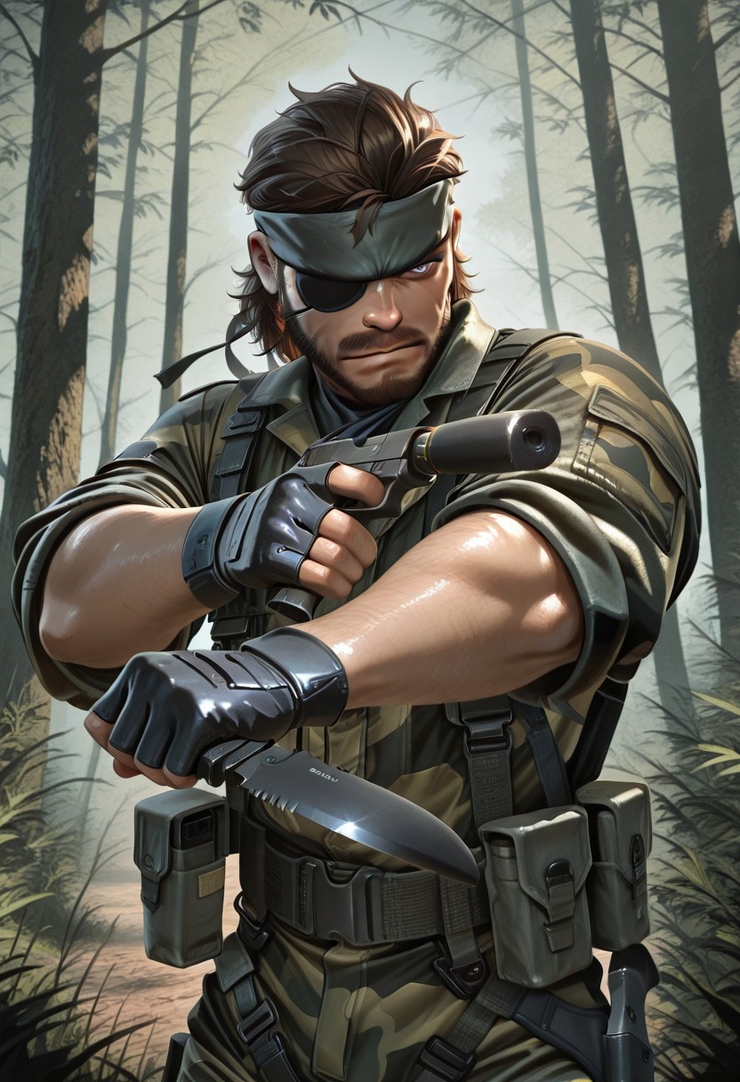 1boy, John, blue eyes, brown hair, brown beard, brown mustache, green camo suit, eyepatch, bandana, fingerless gloves, pistol x tac knife, holding gun, suppressor, holding pistol and knife, upper body, jngl3, outdoors, nature, masterpiece, best quality, amazing quality,