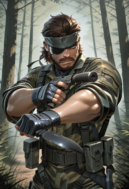 1boy, John, blue eyes, brown hair, brown beard, brown mustache, green camo suit, eyepatch, bandana, fingerless gloves, pistol x tac knife, holding gun, suppressor, holding pistol and knife, upper body, jngl3, outdoors, nature, masterpiece, best quality, amazing quality,