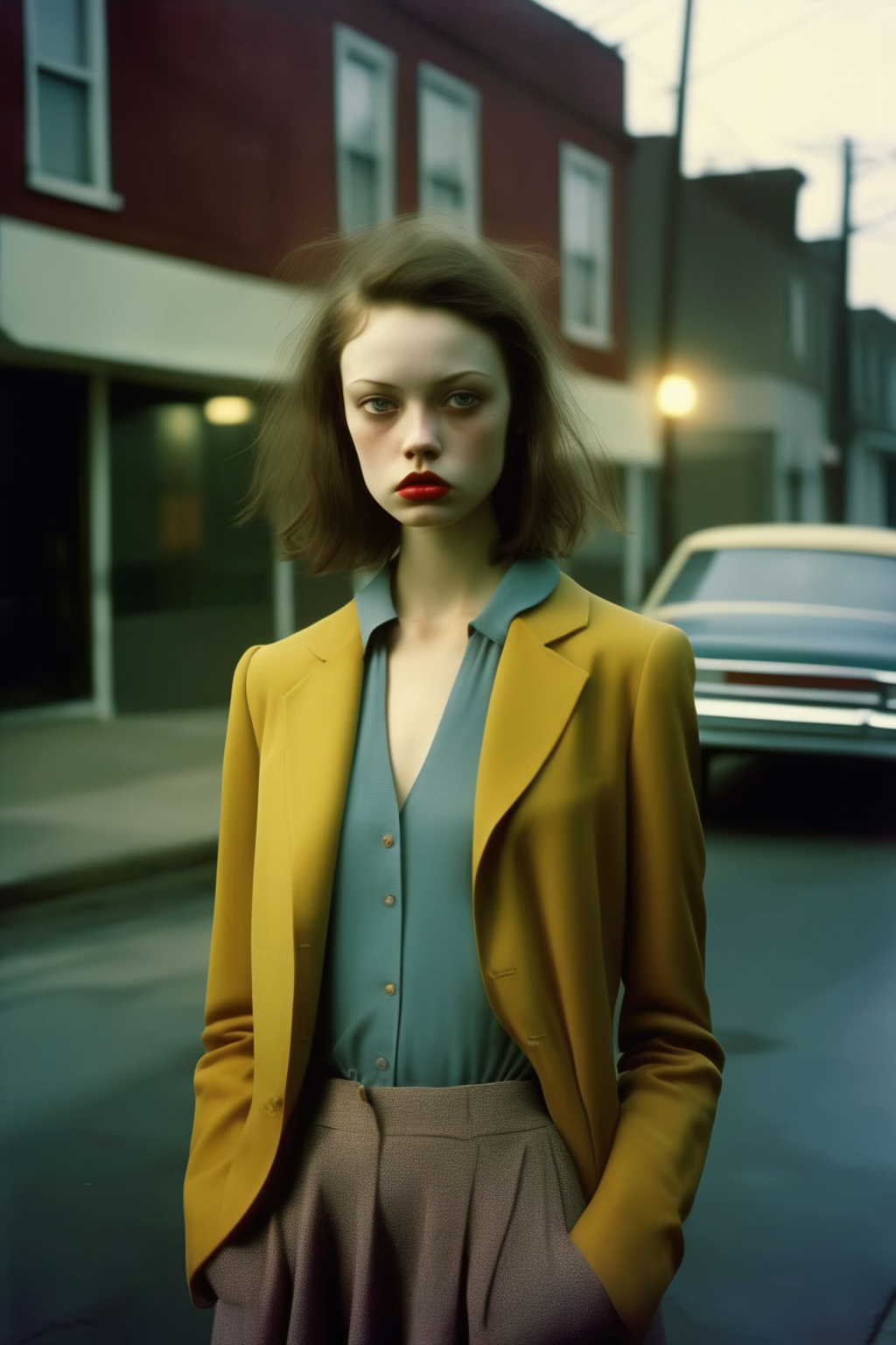 <lora:Todd Hido Style:1>Todd Hido Style - Will Cotton's girl model. Dramatic portrait in a street. Modern clothes In color. Spotlight. photo taken