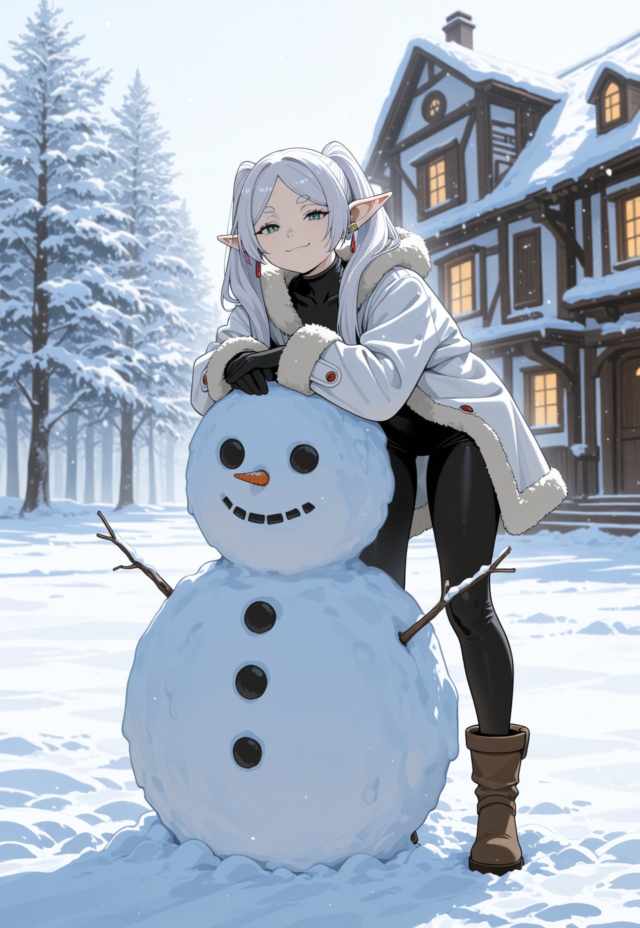 masterpiece, best quality, amazing quality, very aesthetic, absurdres, newest, 1girl, solo,flat-colors, flat-shading, frieren,  smirk, smug,  , detailed hair, 
building snowman, snow, winter, bodysuit, fur-lined boots, fur-lined jacket, 
volumetric lighting, realistic-lighting
