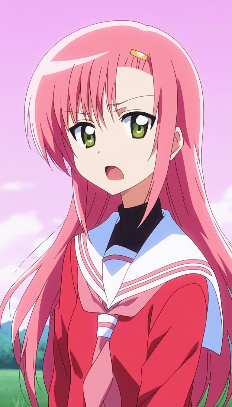 score_9, score_8_up, score_7_up, source_anime, rating_explicit, BREAK  <lora:Katsura_Hinagiku_XL:1>Katsura_Hinagiku, pink hair, long hair, Yellow green eyes, hairclip, small breasts, school uniform, red serafuku, pink skirt,
frown, open mouth, portrait, sailor collar, white sailor collar, pink background, upper body,
blue sky, outdoor, day, grass,
2010s \(style\), anime, anime_screencap, animated gif, mp4 ,video, animated,
