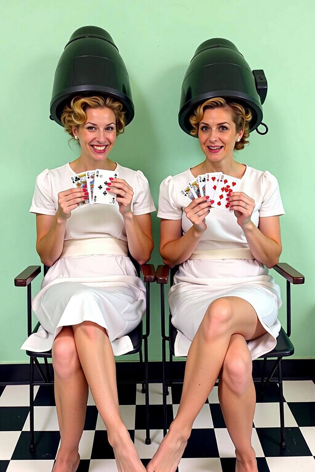 two women are seated on black folding chairs, each holding a deck of cards in their hands. The women are dressed in a white summer dresses. They are both wearing large black vintage hair dryers on their heads, adding a pop of color to their faces. The woman on the left is smiling, while the woman in the right is looking at the camera. The chairs are set against a light green wall, and the floor is black and white checkered pattern. <lora:vintage_hair_dryer_v1:1.0> <lora:Flux-Sch-SingleBlocks-BF16:1.0><lora:803949278876683612:0>