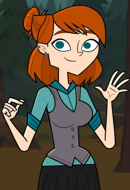 ((Forest background)),score_9, score_8_up, score_7_up,score_6_up, 
1girl, Solo, Ellie_DC, pale skin, teal eyes, freckles, pumpkin hair, shoulder-length hair, hairstyle bun, silver earrings, grey fitted vest buttoned, turquoise shirt rolled up sleeves, black skirt, long socks with black-grey stripes, black boots, big eyes, tall stature, social smile, perfect eyes, perfect smile, looking at the viewer, big breasts, detailed eyes, perfect eyes, cute, standing, (front pose, bust shot, close up to face, face portrait:1) hand up, 5 fingers, perfect hands