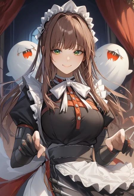 score_9, score_7_up, kakao style, ddlcmonika, <lora:ddlc-monika-ponyxl-lora-nochekaiser:1> ddlcmonika, blunt bangs, brown hair, green eyes, long hair, sidelocks, 
maid, maid dress, maid headress, white bow, white bowtie, black dress, black gloves, partially fingerless gloves, white apron, waist apron, long sleeves, puffy sleeves, juliet sleeves, black footwear, (boo!: 1.5), nice mouth, looking at viewer, smile, BREAK,
indoor, haunted house,