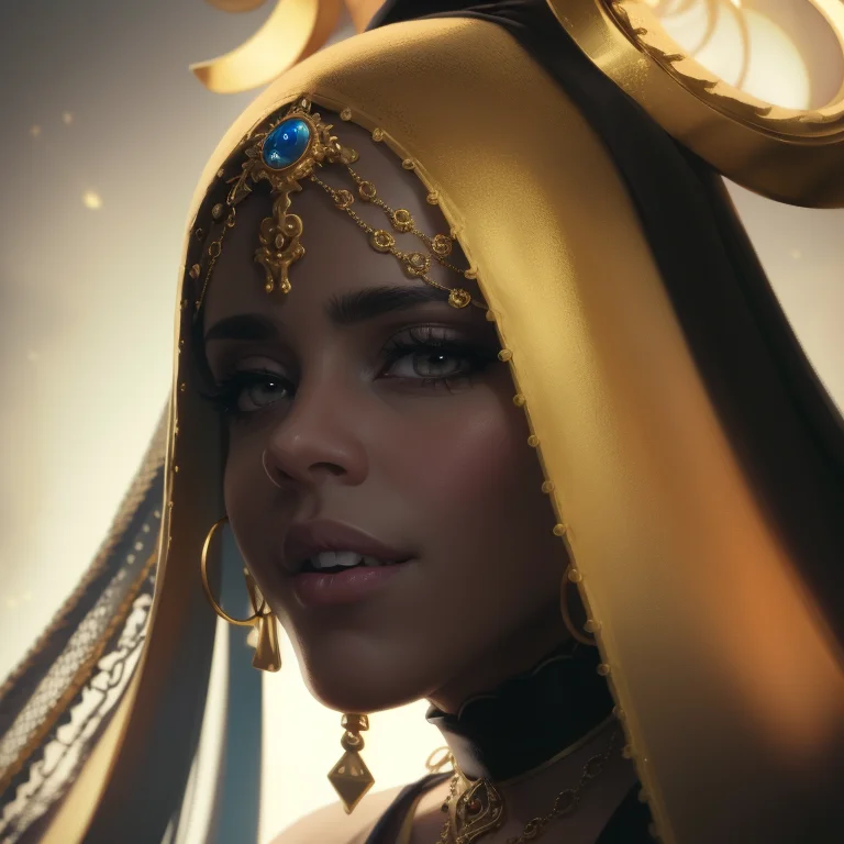 V3rh03v3n:0.67 gold pale milf with teeth and detailed close up face focus photo with a ((glowing strange comb shaped bindi and gold hoop earrings)) and arms and arms and arms and arms, with collar and a chain around her neck and a chain, with a triangle behind her and glowing eyes, simple black background with fog and cinematic lighting BigHeadMode:0.67 with saggy tits and transparent liquid splash in the background