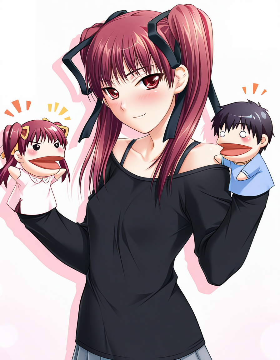 masterpiece, best quality, amazing quality, very aesthetic, absurdres, official art, ultra detailed,
1girl, solo, konoe_sunao, twintails, hair ribbon, red hair, red eyes BREAK
black shirt, blouse, pleated skirt, black shirt, black bra strap, light happy, blush, looking at viewer, standing, hppt,hand puppet, happy aura simple background, white background, upper body, soft shadows <lora:hand_puppet_IL_v1:1>
<lora:konoe sunao v1.0-000017:1>