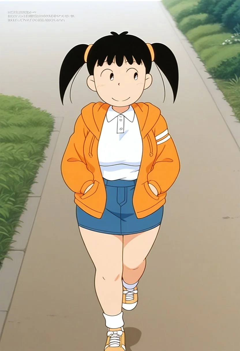 (masterpiece:1.4), (best quality:1.4),  very aesthetic, newest,best quality, amazing quality, absurdres,
anime screenshot,retro artstyle
1girl,,solo,noyama_azusa,twintails,black hair,black eyes,hair ornament,,white socks,clew_socks,no shoes
 <lora:noyama_azusa_v9:1>
orange hoodie,open hoodie,white polo shirt,denim skirt,sneakers,
looking at viewer
walking, smile,hands in pocket,outdoor,looking away, short body, thick thighs, wide hips, large breasts, saggy breasts, curvy,