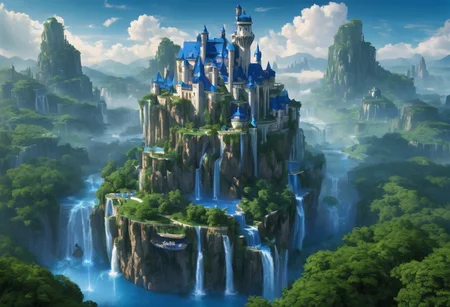 A castle on an island floating in the sky, many parts made of beautiful deep blue crystal, a waterfall flows from the floating island in the sky down to the ground, dragons flying in the background, a green and pleasant landscape, photorealistic, high quality, high detail
