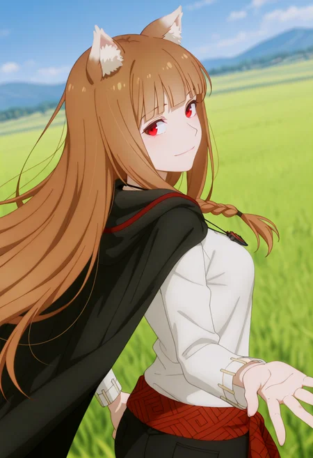 holooutfit3_cloaked, 1girl, long brown hair, bangs, red eyes, fox ears, medium breast, | on top hooded cloak, short cape, red patterned trim, clasp, white shirt, long sleeves, loose shirt, black long pants, cropped pants, necklace, pendant, red braided sash,
<lora:Holo_IL:1>,
(Character),score_9, score_8_up, score_7_up, very aesthetic, source_anime, detailed, high quality, beautiful, masterpiece, detailed eyes, field, blurry background, pose dynamic angle, upper body, cowboy shot, light smile, looking back, reaching out, floating hair.