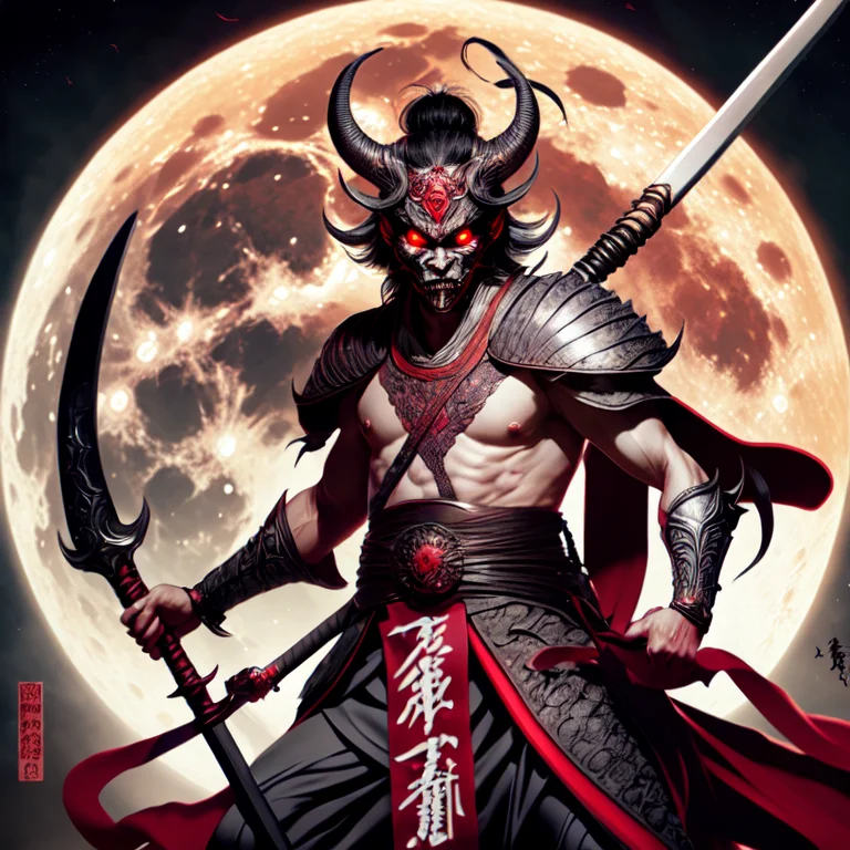 photo, an illustration of a demon holding a sword in front of a full moon (FantasyDaimyo style:1) <lora:djzFantasyDaimyoV21:0.8>