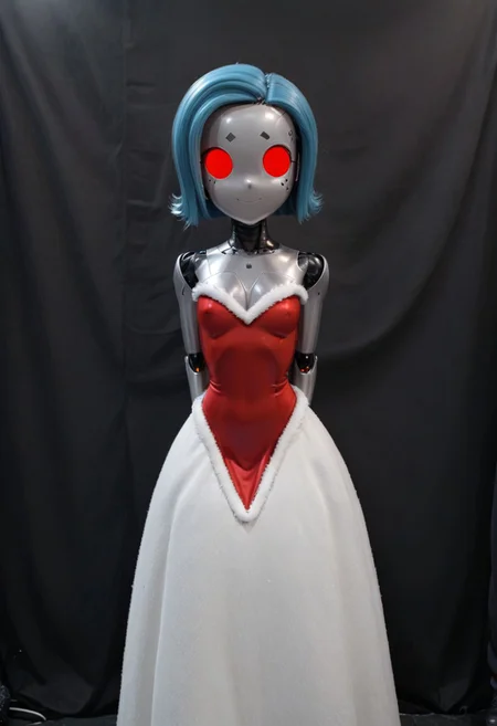 A 35mm photo a woman, she is a humanoid robots , robotic body, vibrant green robotic eyes, freckles, smooth featureless silver grey robotic skin, robotic aerials, metallic dark blue hair, elegant red Christmas satin dress with white fur trim, 
mannequin, faceless, egghead, noface, cyborg, TheFaceLess, Zorii-pxl, Zorii Bliss, faceless