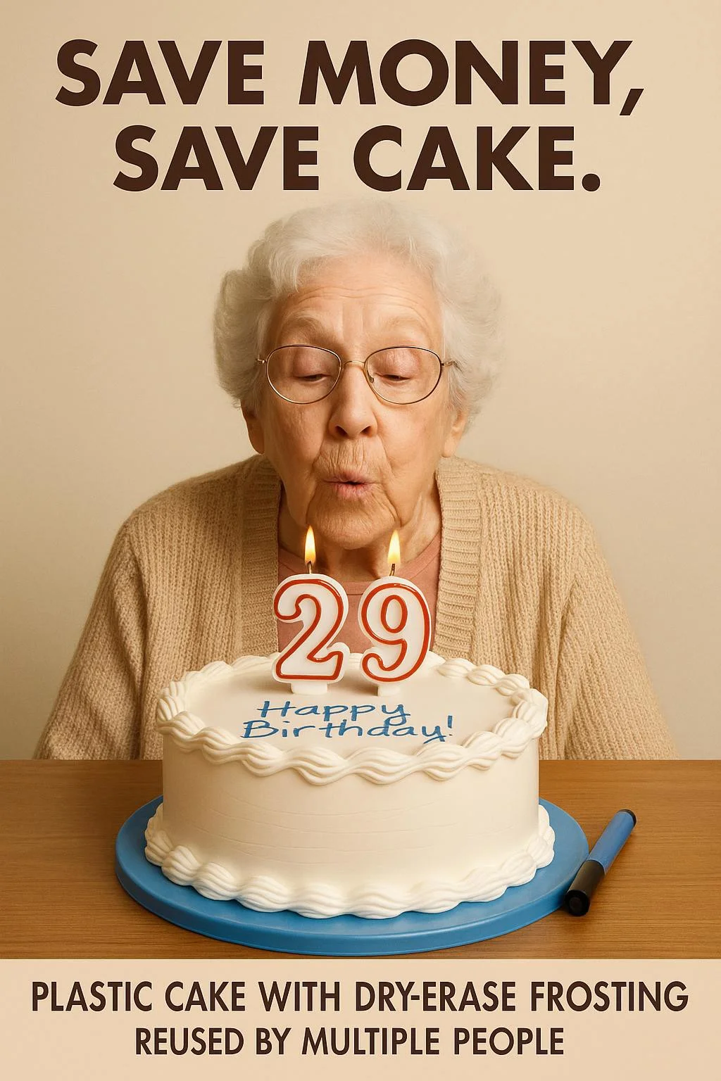create me an ad for a Plastic cake with dry-erase frosting. Reused by multiple people. Banner: “Save Money, Save Cake.” Grandma blowing out candles that say “29.”
