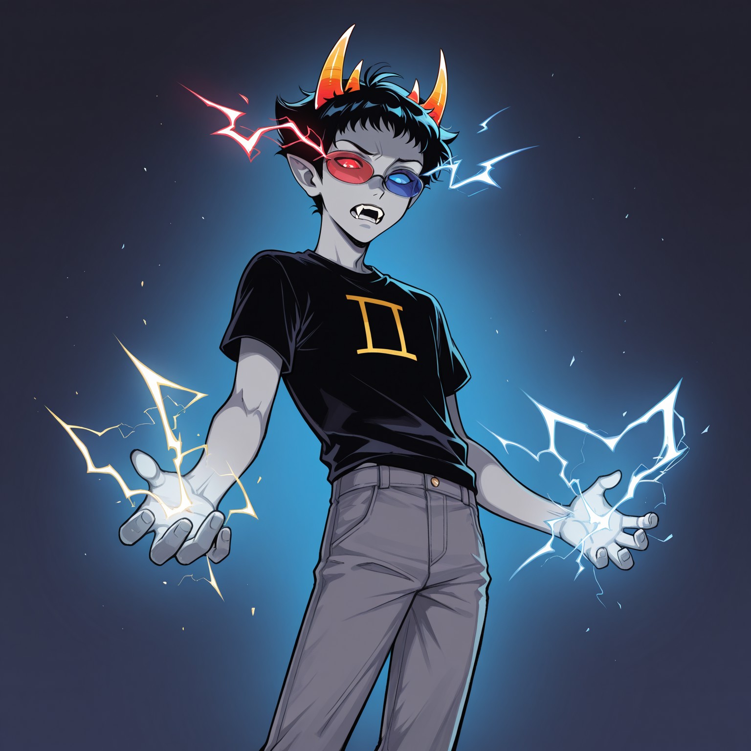 1boy, solo, Sollux Captor, grey skin, black hair, short hair, horns, fangs, red and blue glasses, sunglasses, colored sclera, heterochromia, floating, eye glow, electricity, black shirt, grey jeans, hand outstretched, masterpiece, best quality, amazing quality, very aesthetic, absurdres, newest