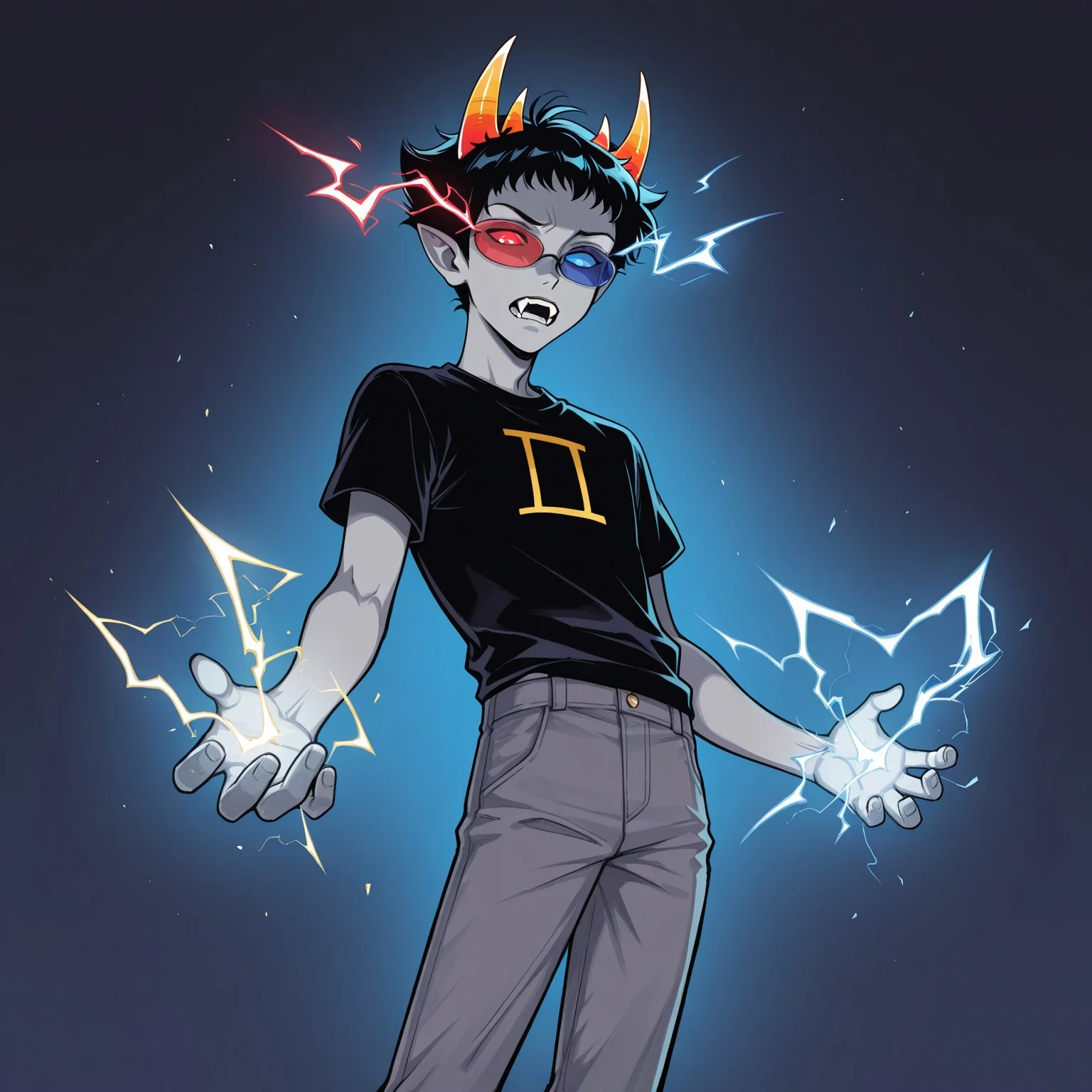 1boy, solo, Sollux Captor, grey skin, black hair, short hair, horns, fangs, red and blue glasses, sunglasses, colored sclera, heterochromia, floating, eye glow, electricity, black shirt, grey jeans, hand outstretched, masterpiece, best quality, amazing quality, very aesthetic, absurdres, newest