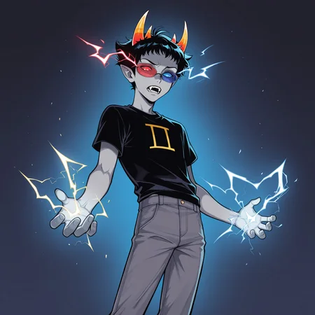 1boy, solo, Sollux Captor, grey skin, black hair, short hair, horns, fangs, red and blue glasses, sunglasses, colored sclera, heterochromia, floating, eye glow, electricity, black shirt, grey jeans, hand outstretched, masterpiece, best quality, amazing quality, very aesthetic, absurdres, newest