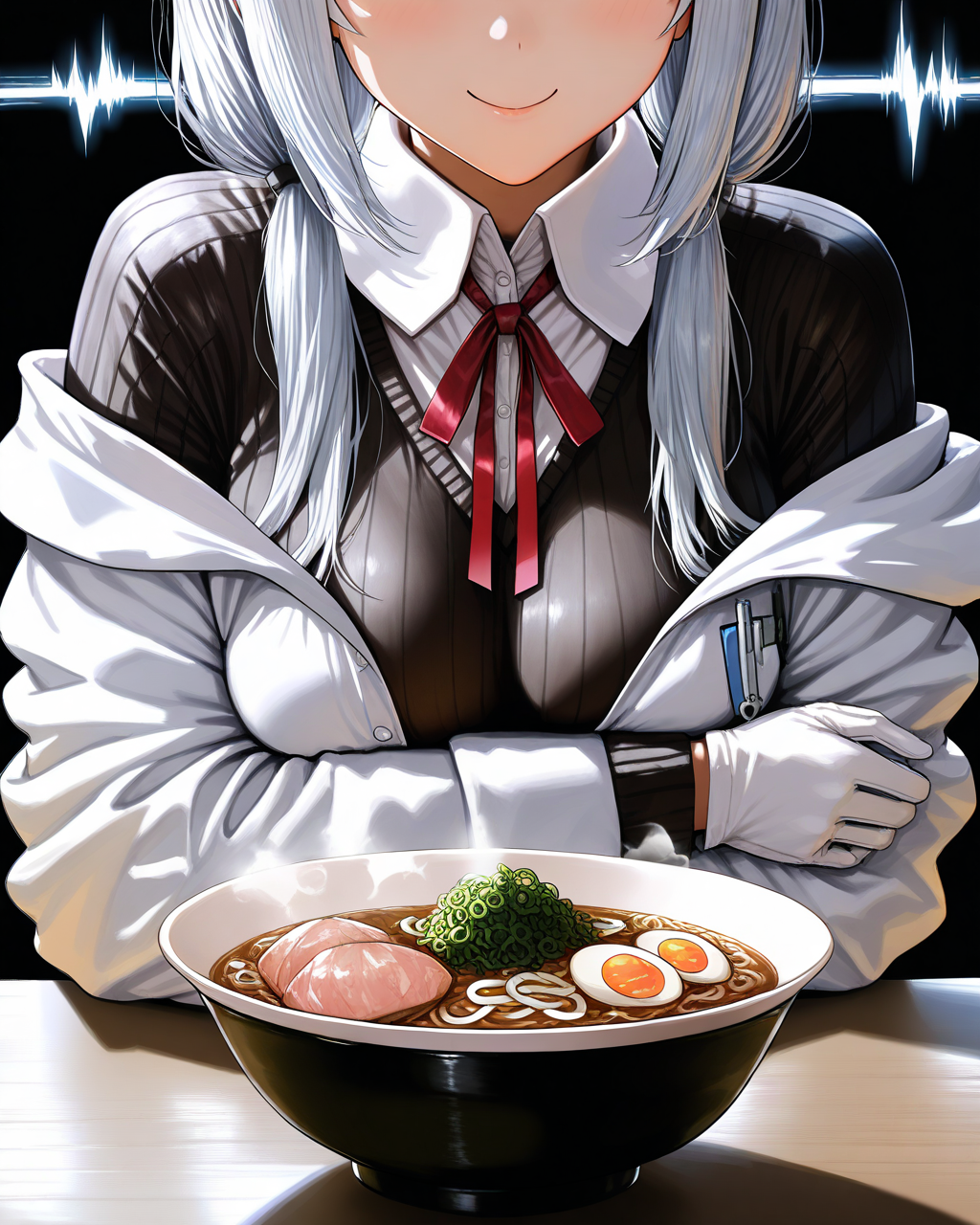 1girl,
HakaseFuyukiNijisanji,
safe, food focus, straight-on, upper body,
newtype flash,
head out of frame, photorealistic,
smile,
gunbuster pose,
white jacket, off shoulder,
black sweater, collared shirt,
neck ribbon,
arms under breasts, white gloves,
table, ramen, realistic, steam,
black background,
depth of field,
<lora:kp_HakaseFuyukiNijisanji1stCostumeAnimagineXL_v1_1:1.0>,
masterpiece, high score, great score, absurdres