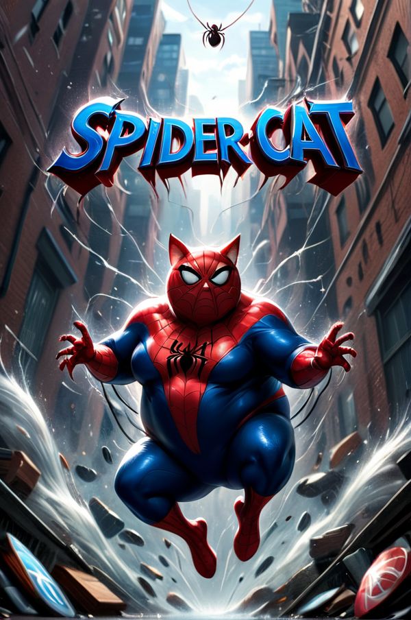 (("SPIDER CAT" (text logo:1.9))) <lora:Harrlogos_v2.0:1.9>, (full body), (((fat cats))), (splash screen for the movie "Spiderman" fat cat in spiderman costume), (((with fat cat head))), blue and red-blue colors predominate, hyper-detailing, hyper-realism, sharp shot, cinematic, action-packed background