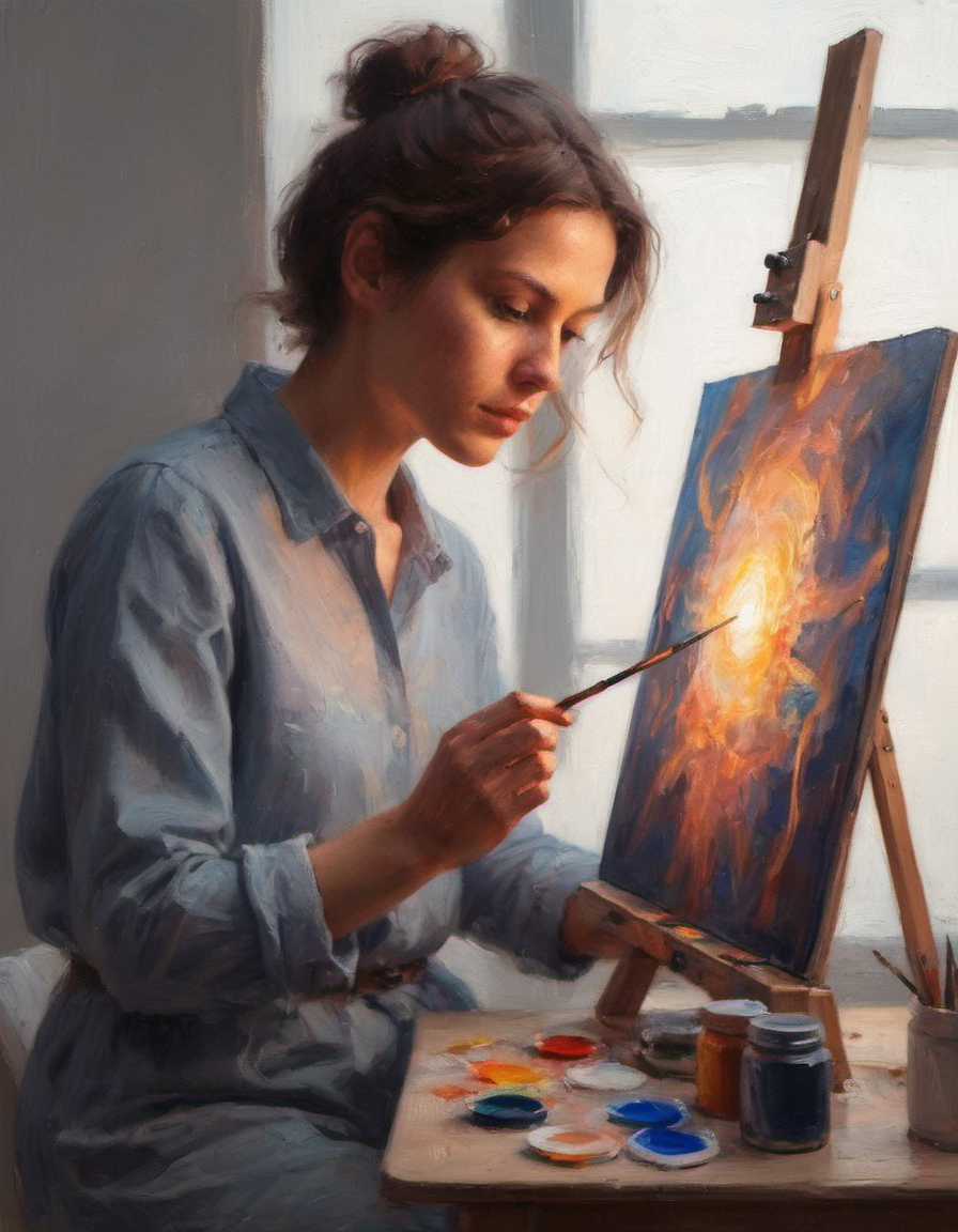 minimalist closeup portrait of an artist at work painting on her canvas easel magical worlds glowing magical energies double exposure bright background high key lighting