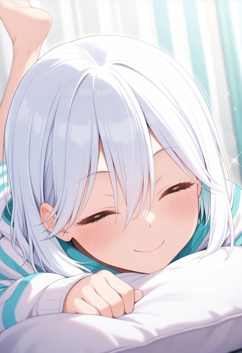 masterpiece,best quality,amazing quality, amagami asahi, blue-white hair, closed eyes, 1girl, on stomach, smile, solo, lying, blush, striped, barefoot, sparkle, facing viewer, hair between eyes, closed mouth