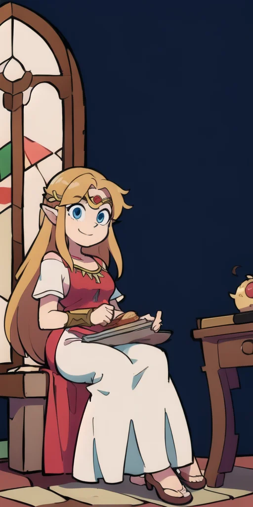 1girl, <lora:TFMToonWorld:1> <lora:zeldaALBWAlttp_zeldaALBWV1:0.6> sitting on a throne, crown, with a rotisserie chicken on a platter next to her on a side table, smiling, zelda, cracked walls, stained glass windows, royalty, long hair