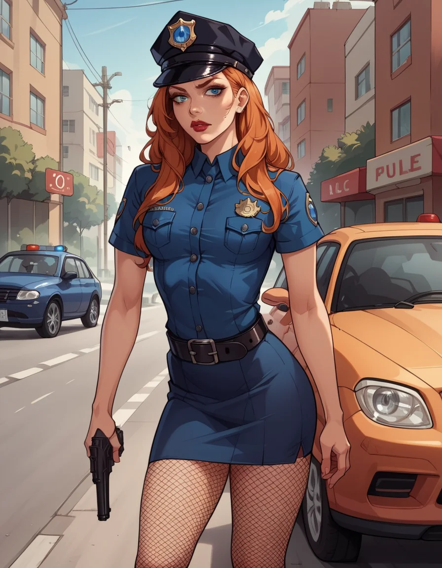 score_9, score_8_up, score_7_up, score_6_up, score_5_up, score_4_up, source_anime, best quality, solo, 1girl, makeup, lipstick, ginger hair, hud_plce_wmn, short blue dress, short sleeves, belt, police hat, fishnets, badge, buttons, gun, <lora:policewoman-000007:0.6>, street, car, outdoors