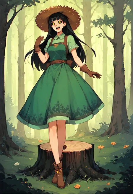 score_9, score_8_up, score_7_up, source_anime, well drawn, immaculate, highly detailed, intricate,
BREAK
1girl, human woman, solo, long hair, black hair color, straight hair, pale skin, black sclera, orange iris, iris is an glowing orange ring, ((((ankle length green dress)))), (brown leather apron), brown leather gloves, modest dress, brown boots, (straw hat), happy, smiling, tree stump, standing in a redwood forest, long dress,