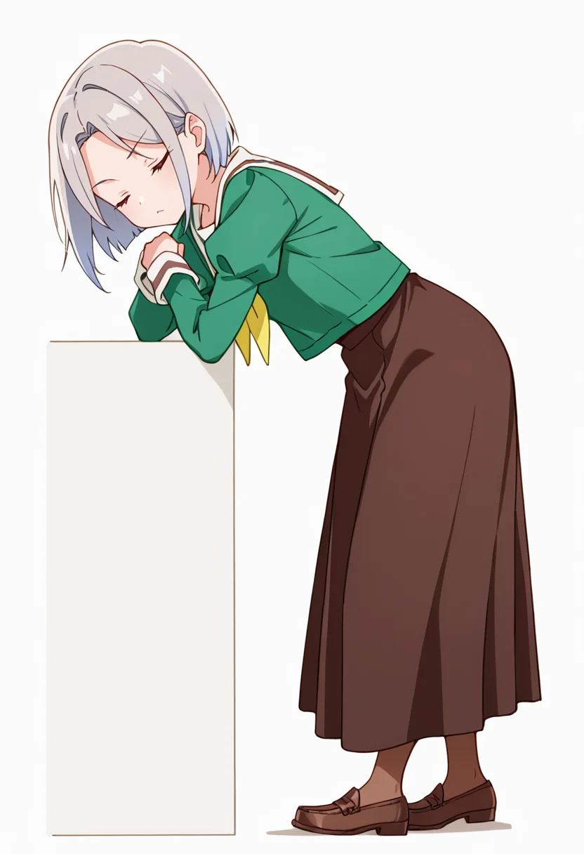 masterpiece,high quality details,absurdres, 
 <lora:Nishidera_Nene:0.8>
nene_cnr, 1girl, grey hair, short hair, 
nene_s2,green shirt, white sailor collar, serafuku,long skirt,black-brown skirt, juliet sleeves,pantyhose, loafers,, simple background, white background, from side,solo,, ;<,