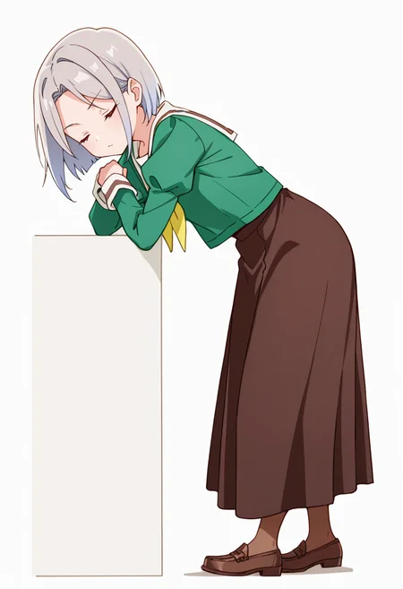 masterpiece,high quality details,absurdres,
<lora:Nishidera_Nene:0.8>
nene_cnr, 1girl, grey hair, short hair,
nene_s2,green shirt, white sailor collar, serafuku,long skirt,black-brown skirt, juliet sleeves,pantyhose, loafers,, simple background, white background, from side,solo,, ;<,