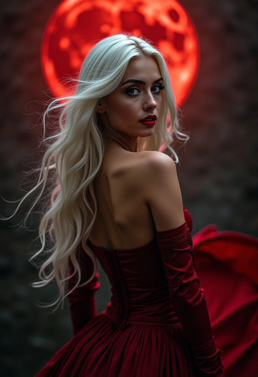 award wining professional erotic artistic boudoir photography, A cinematic masterpiece unfolds as the stunning professional european female model, resplendent in a flowing Victorian dress, stands majestically against an eerie backdrop of a colossal blood moon. Her long white locks flow like silk in the wind, framing her striking features with piercing red eyes and subtle makeup. The camera captures her sultry smile, lips painted red, as she gazes back, her enigmatic eyes radiating mystery and allure. Extreme lighting casts dramatic shadows on her bare skin, accentuating the flowing pubic hair, set against meticulous details that transport the viewer into a movie special effects style wonderland.