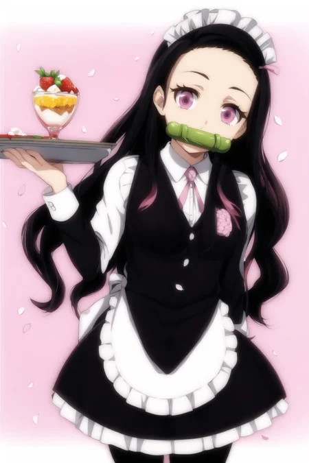 <lora:Nezuv1:0.6>, 1girl, alternate costume, apron, bit gag, black hair, black vest, cherry, cherry blossoms, dango, enmaided, food, food in mouth, frilled apron, frills, fruit, gag, gagged, gradient hair, hair ribbon, holding tray, kamado nezuko, kneehighs, long hair, long sleeves, looking at viewer, maid, maid headdress, mouth hold, multicolored hair, parfait, petals, pink apron, pink background, pink eyes, pink ribbon, ribbon, sanshoku dango, shirt, skirt, solo, strawberry, tray, very long hair, vest, wagashi, waist apron, waitress, white apron, white legwear, white shirt
