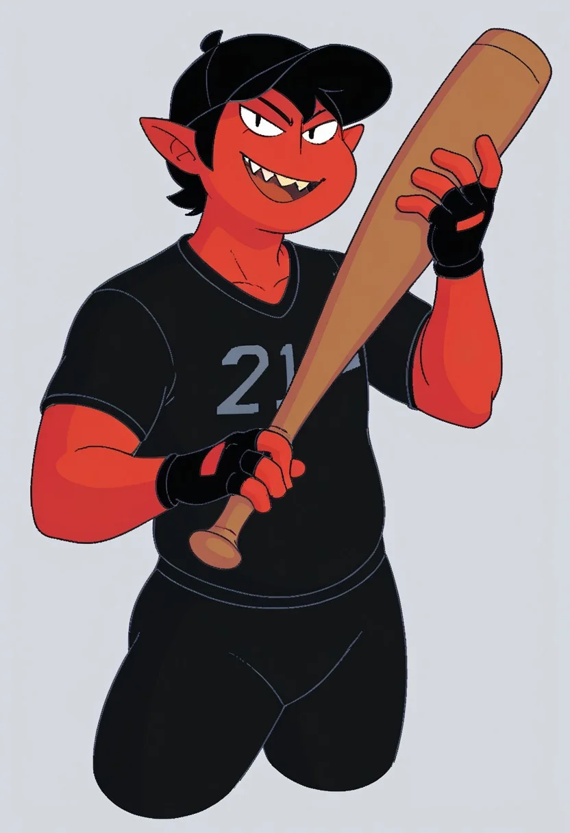 score_9, score_8_up, score_7_up, BREAK, 1boy, solo, red skin, black hair, black eyes, black baseball outfit, sportswear, ((no nose)), black baseball cap, black gloves, fingerless gloves, pointy ears, smile, open mouth, sharp teeth, fangs, holding baseball bat, looking at viewer,