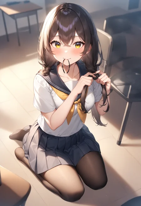 1girl, <lora:sdxl2-flat2-512b:-1>,medium breasts,school uniform,
<lora:braidinghair_XL_v1:0.8>braiding hair,twin braids, hairdressing, holding hair, tying hair, adjusting hair, hair over shoulder, hand in hair, hair tie in mouth,
dutch angle, full body, looking ahead, teasing smile, cityscape, closed mouth,
masterpiece, best quality, very aesthetic, absurdres