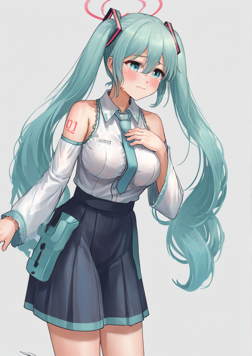 1girl, hatsune miku, huge breast, arm at side, blush, closed mouth, collared shirt, cowboy shot, crying, crying with eyes open, detached sleeves, floating hair, frilled shirt, frills, from side, hair between eyes, hair ornament, hand on own chest, long hair, long sleeves, looking ahead, necktie, pleated skirt, profile, raised eyebrows, shirt, sidelocks, skirt, sleeveless, sleeveless shirt, solo, tears, twintails,  zPDXL3<lora:solharuu:1>