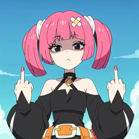 score_9, score_8_up, score_7_up, masterpiece, source_anime, source_hentai, screencap,
1girl, looking at viewer, expressionless, shaded face,
<lora:doublemiddlefingerXLv1:0.5>, double middle finger,
<lora:sango.pony:1>, sango,