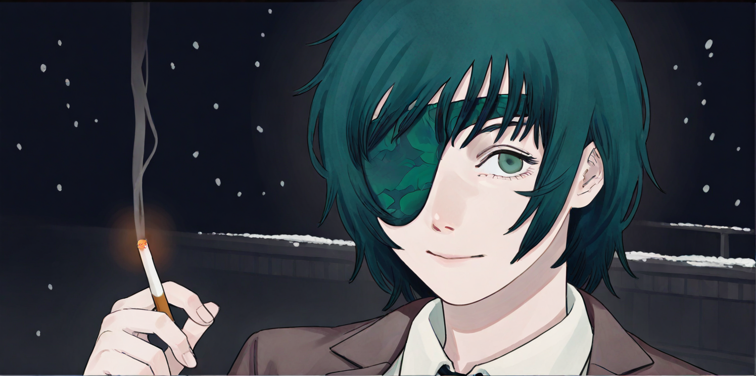 smile,
very awa,masterpiece,best quality,newest,highres,absurdres,snowing,snow,street light,((dark environment):1.5),(black background:1.3),(Top light),
1girl,himeno \(chainsaw man\),solo,eyepatch,shirt,looking at viewer,necktie,short hair,collared shirt,formal,one eye covered,holding,bangs,white shirt,medium hair,serious,closed mouth,smoking,cigarette,(scenery:1.2),(cowboy shot:1.3),
CSMcover-style,<lora:CSMcover-style_noob11_v3:0.8>,