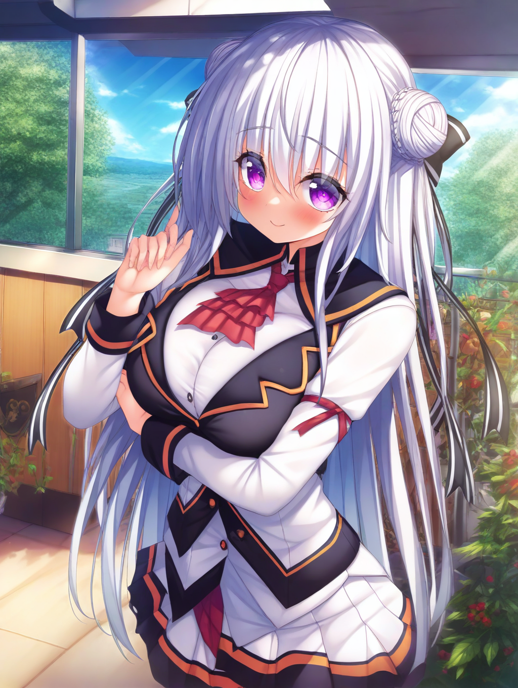 masterpiece,best quality,amazing quality,very aesthetic,absurdres,newest,scenery,<lora:Kiryuuin Kiriha_ilxl_v1-000010:1>,1girl,long hair,purple eyes,hair bun,solo,double bun,large breasts,skirt,smile,ribbon,breasts,looking at viewer,white hair,long sleeves,hair ribbon,blush,pleated skirt,school uniform,kiryuuin kiriha,