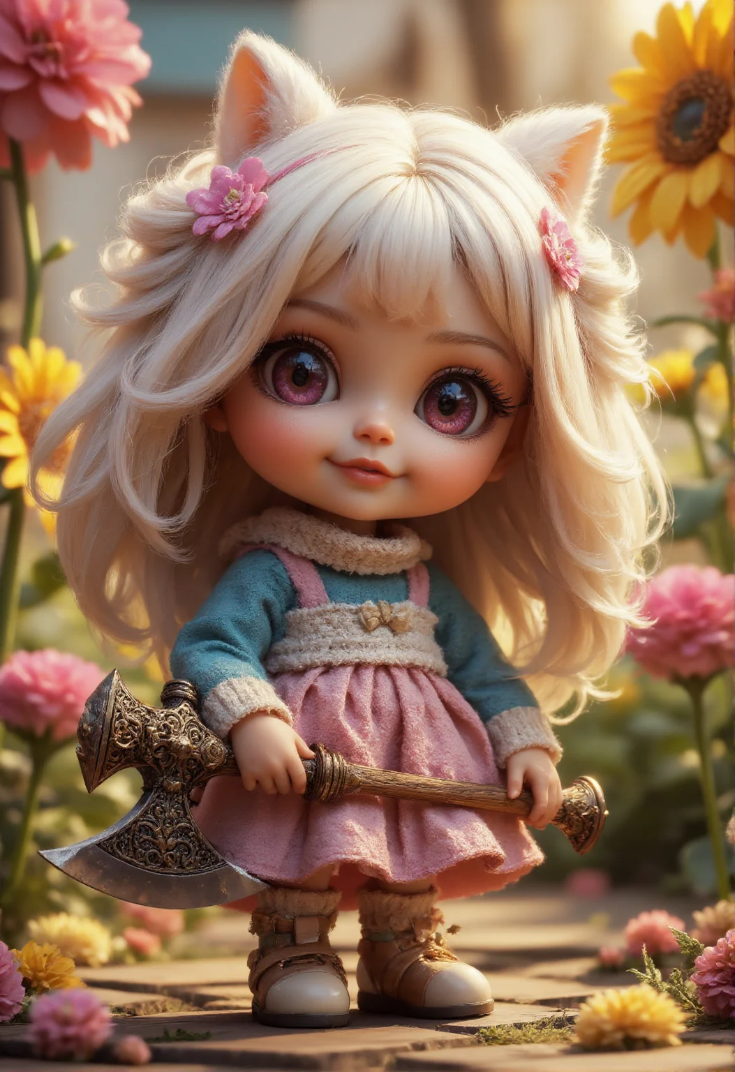 A cute doll with oversized, expressive eyes and a cheerful smile, holding a massive, intricately designed axe that seems almost comically large in her tiny hands. She stands in a whimsical, colorful garden filled with oversized flowers and playful creatures. Special effects highlight the doll's vibrant colors and the gleaming metal of the axe, while post-processing adds a soft, dreamy glow. Visual treatment inspired by the styles of Yoshitomo Nara and the playful aesthetics of children's storybooks, merging charm and fantasy for an enchanting image.
<lora:aidmaMJ6.1v0.4:1> aidmaMJ6.1 <lora:DarksunRIDDV3:1>, 3d fluffy, closeup cute and adorable, cute big circular reflective eyes, long fuzzy fur, Pixar render, unreal engine cinematic smooth, intricate detail, cinematic